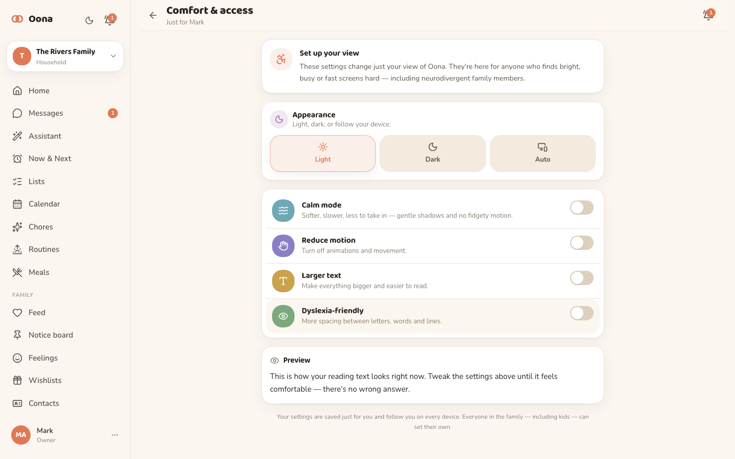 The Oona comfort and access settings on desktop, with per-person toggles for Calm mode, Reduce motion, Larger text and Dyslexia-friendly reading, plus a live preview.