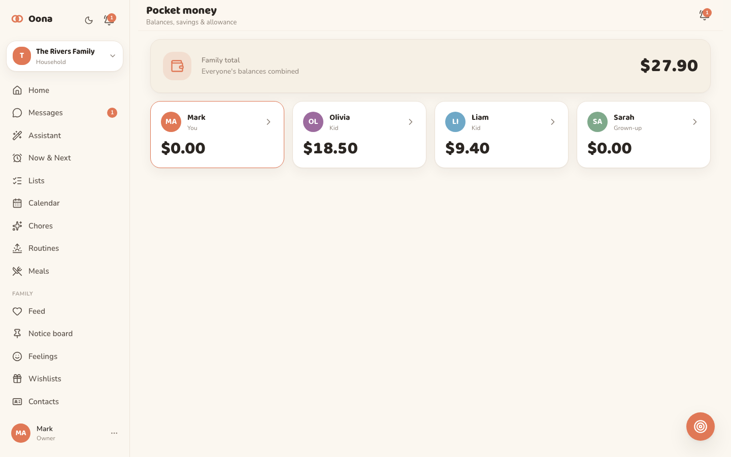 The Oona pocket money view on desktop, showing each child's balance and a savings goal filling up.