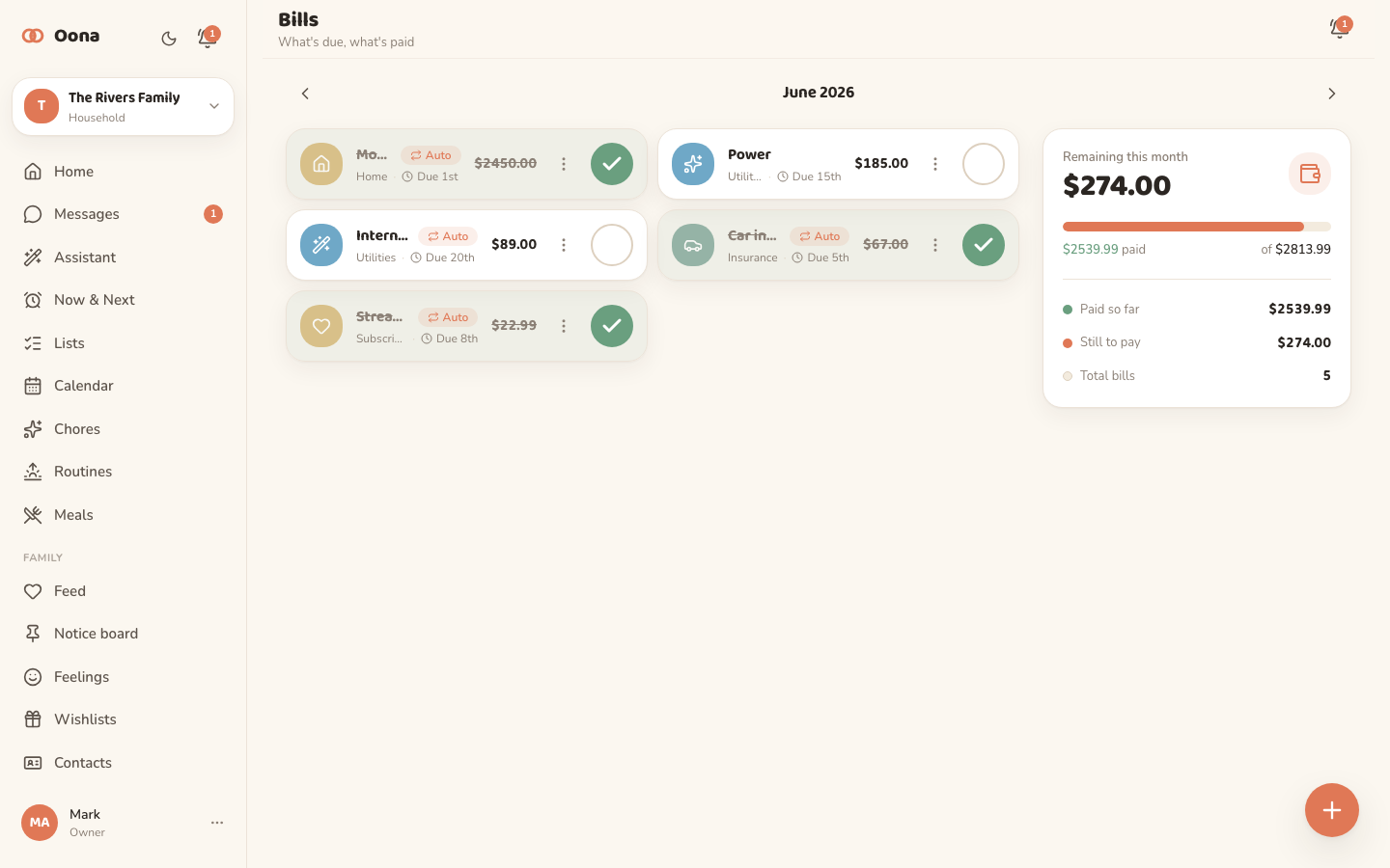 The Oona bills and expenses view on desktop, tracking the household's recurring bills and costs.