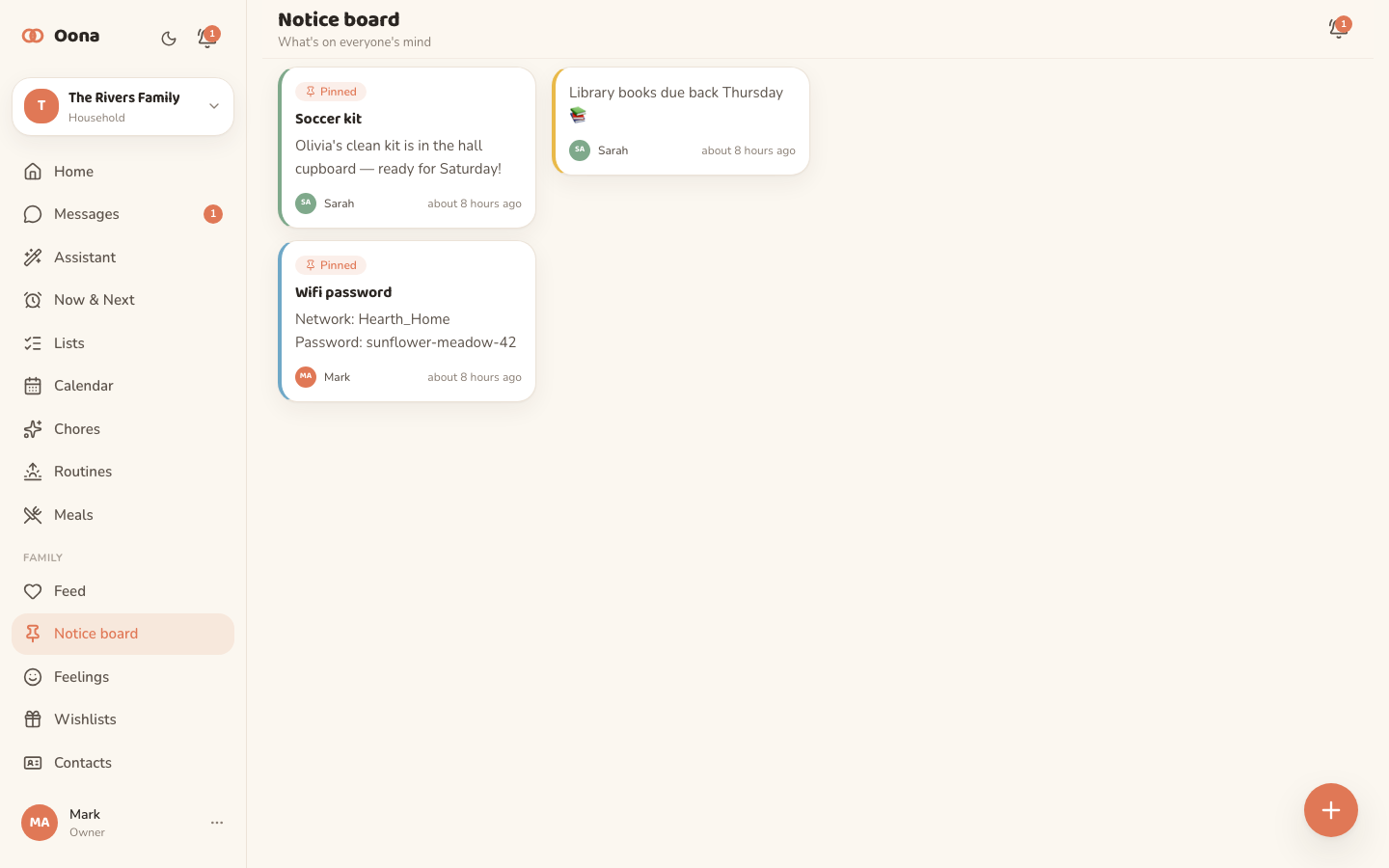 The Oona notice board on desktop, with pinned notes and reminders the whole family can see.