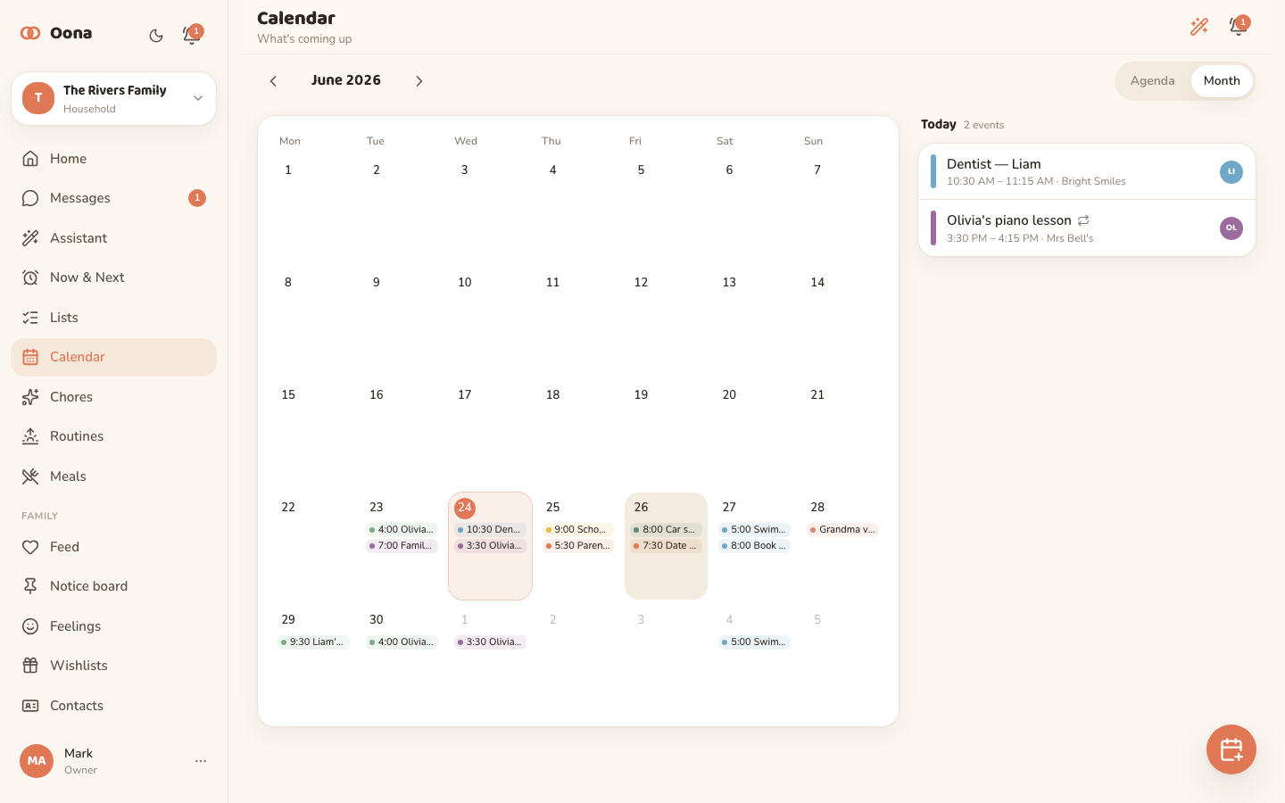 The Oona calendar on desktop, a colour-coded week with events assigned to different family members.
