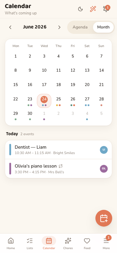 The Oona family calendar on a phone, showing the week's colour-coded events with who is assigned to each.