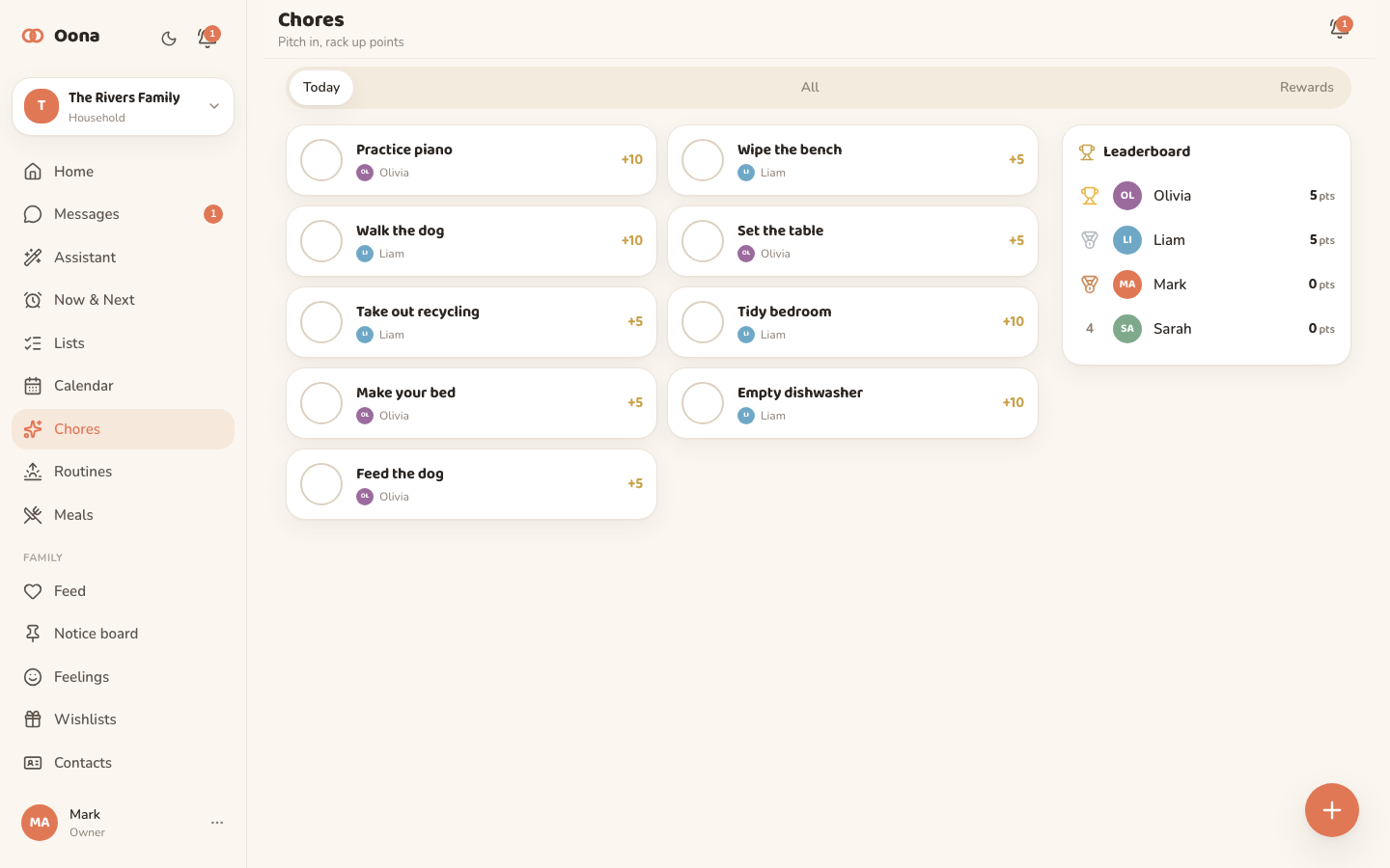 The Oona chores view on desktop, with assignable and recurring chores worth points for each child, and a family leaderboard.