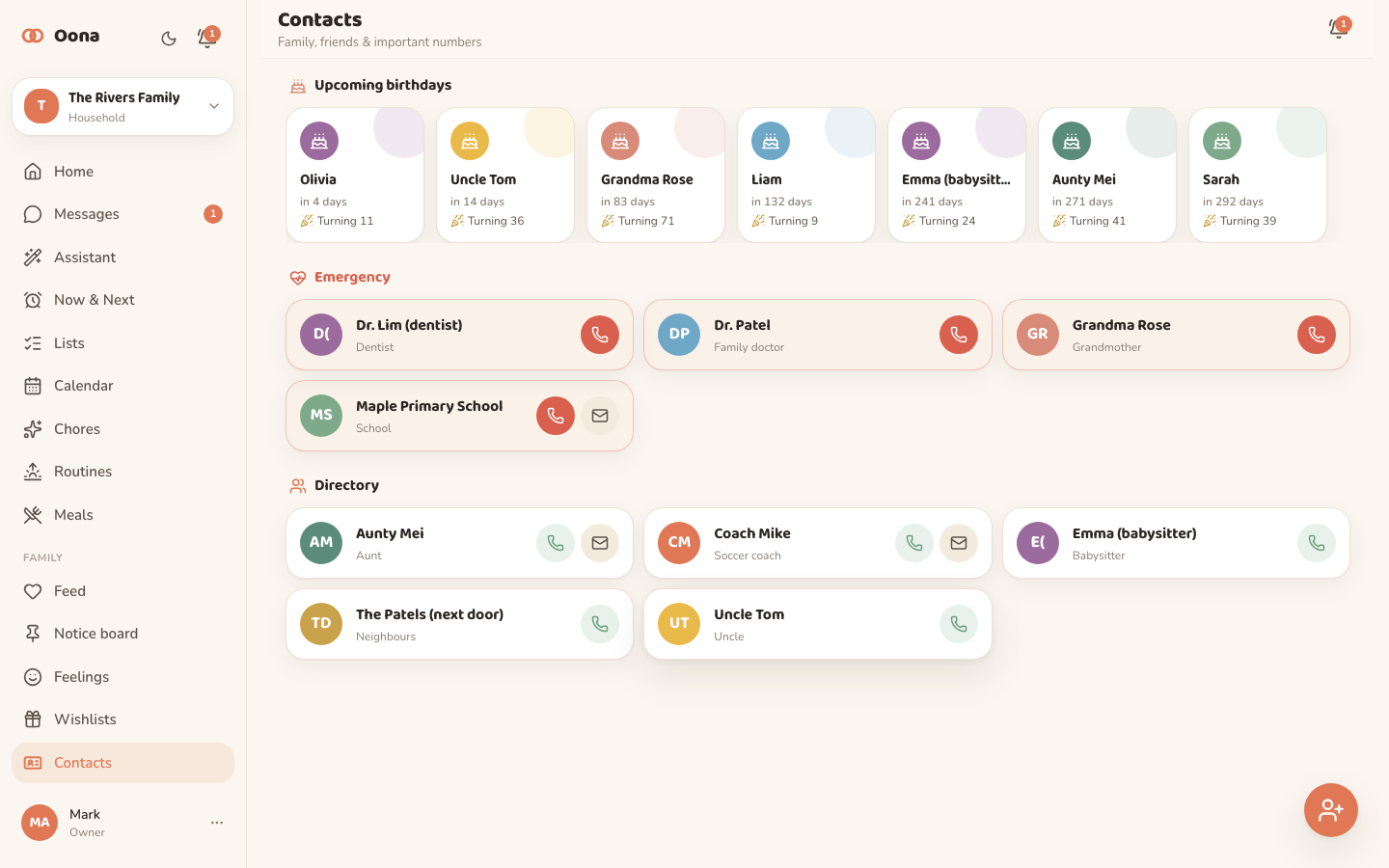 The Oona contacts and birthdays view on desktop, a shared family address book with upcoming birthdays.