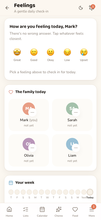 The Oona feelings check-in on a phone, with friendly faces from Great to Upset for naming how you feel today.
