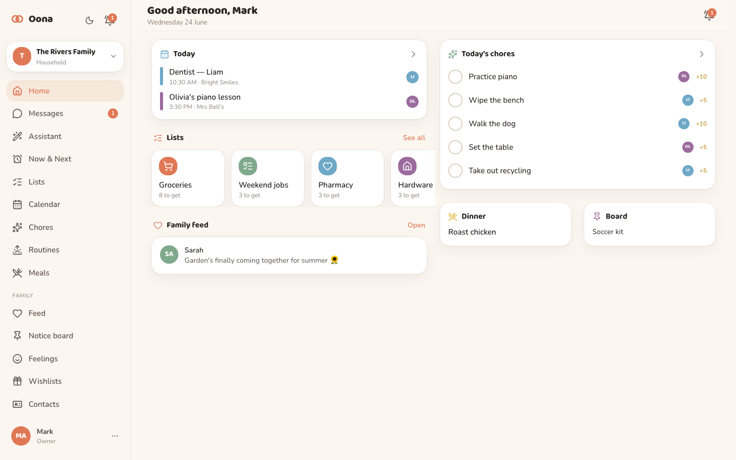 The Oona desktop dashboard, with the full navigation sidebar and cards for today, the family's lists, today's chores and the family feed.