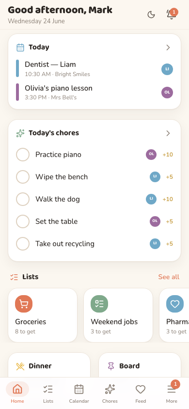 The Oona home screen on a phone, with the family's lists, today's plan and a warm greeting.