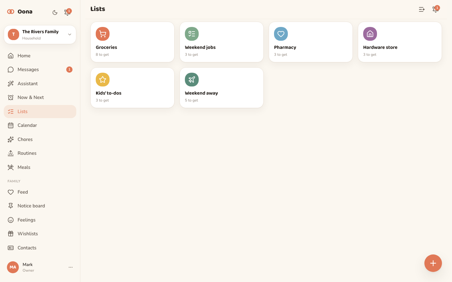 The Oona lists view on desktop, a grid of shared list cards including Groceries, Weekend jobs, Pharmacy, Hardware store, Kids' to-dos and Weekend away.