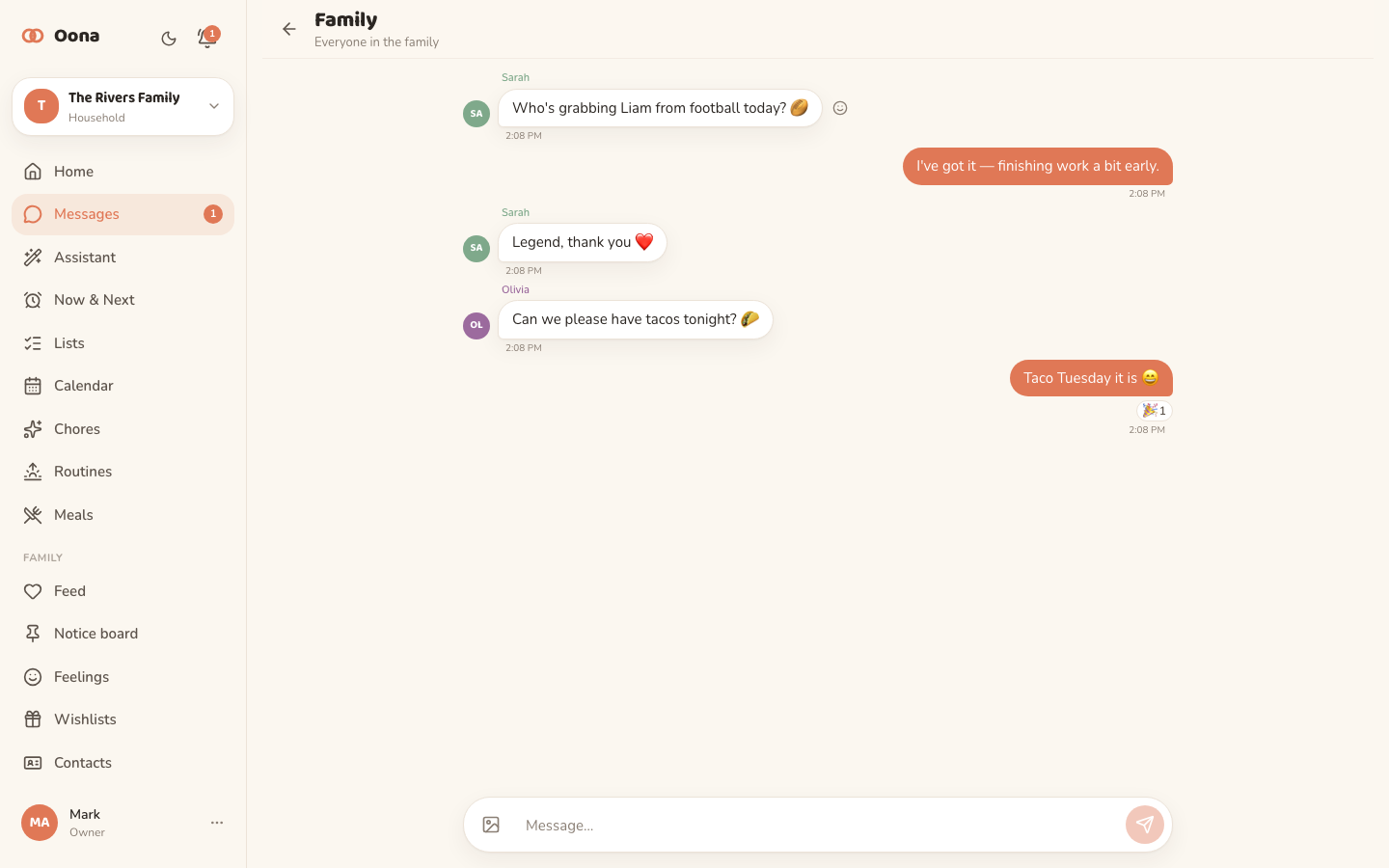The Oona family group chat on desktop, a warm thread of messages between family members with reactions.