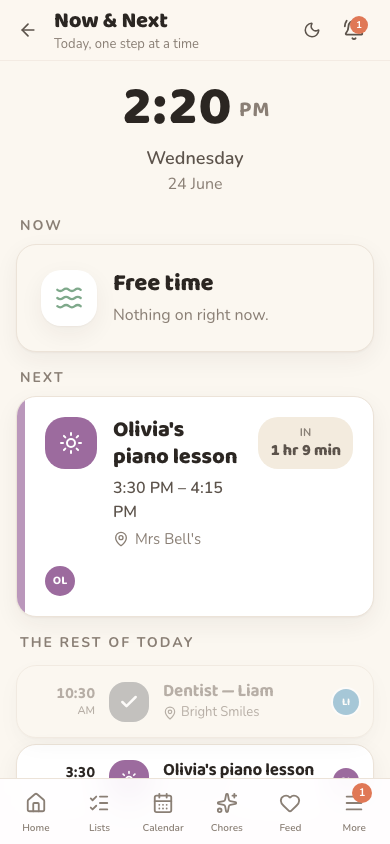 The Oona Now & Next schedule on a phone, showing the current activity, the next one and a live countdown to it.