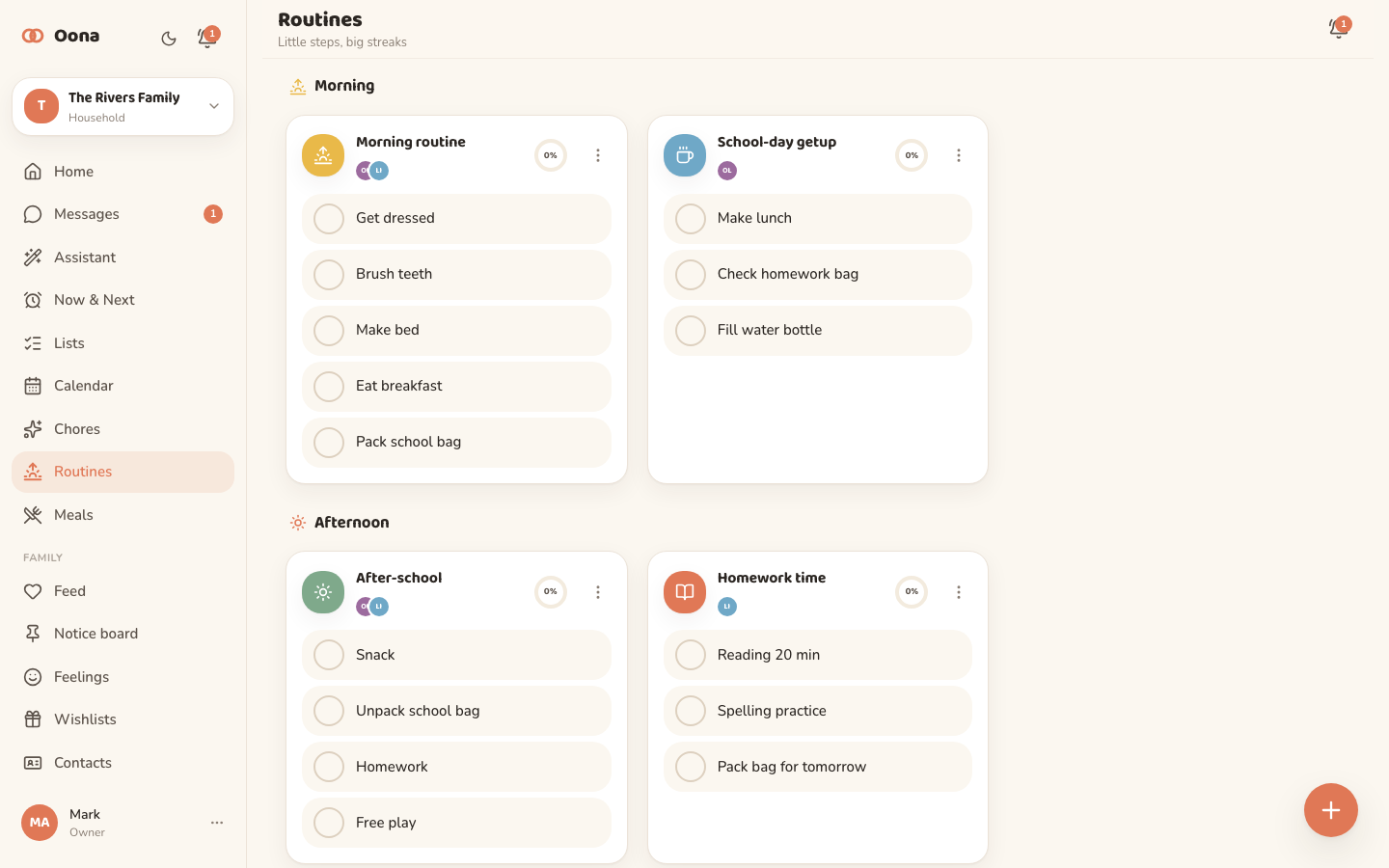 The Oona routines view on desktop, showing morning and bedtime checklists with progress streaks for each child.