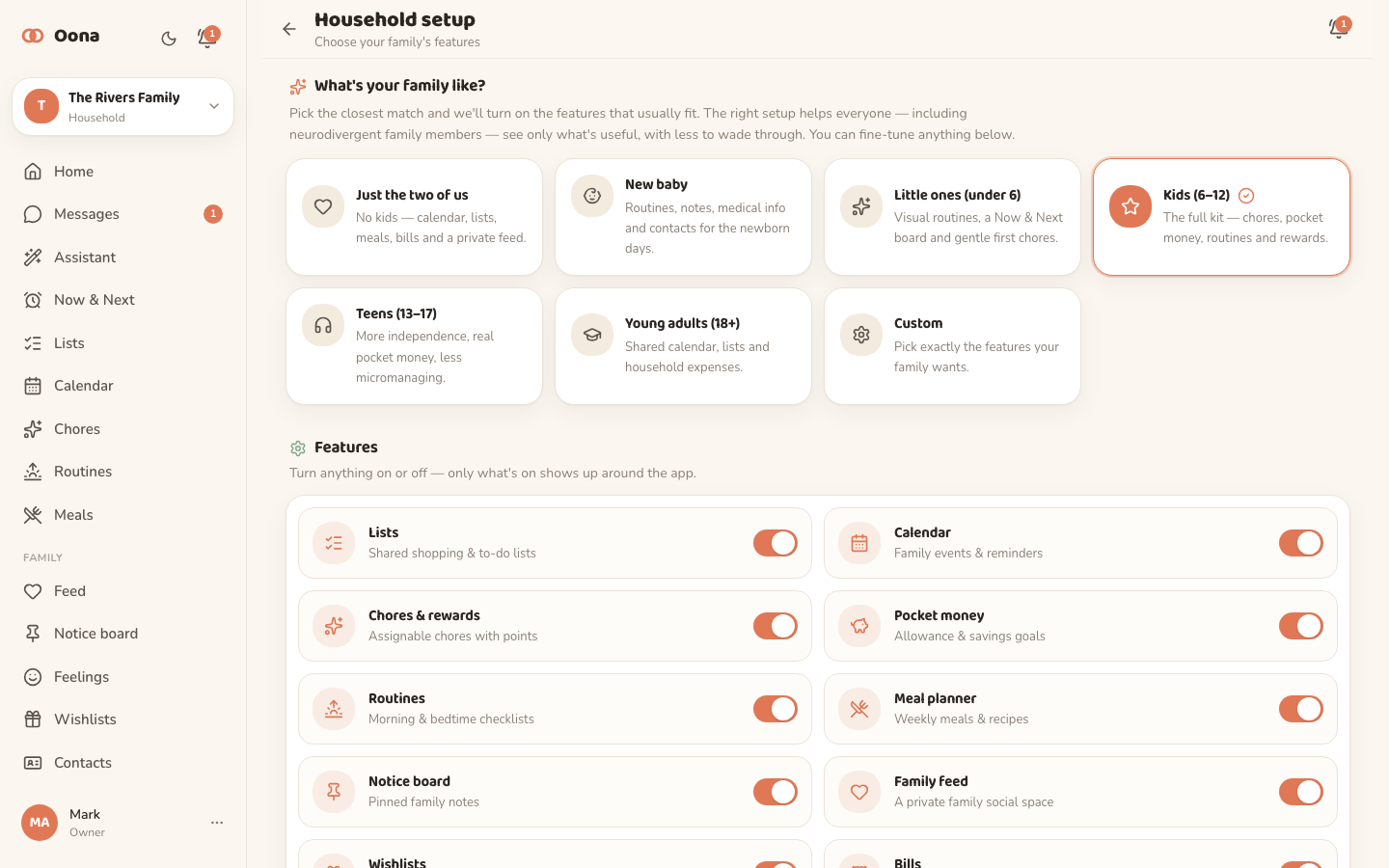 The Oona household setup screen, with life-stage presets like New baby, Little ones, Kids and Teens, above a grid of per-feature toggles for Lists, Calendar, Chores, Pocket money and more.