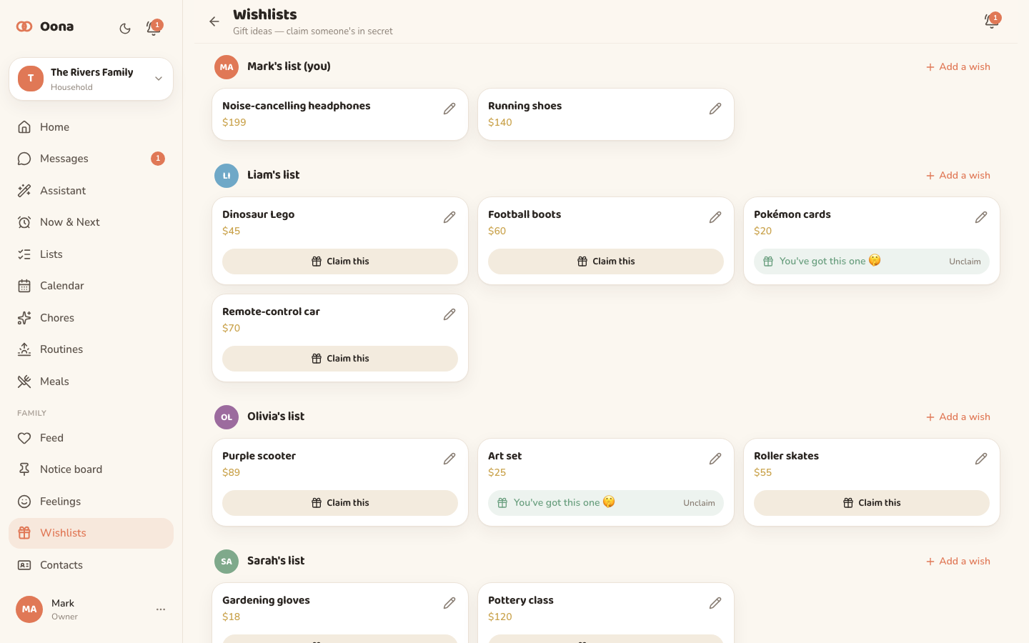 The Oona wishlists on desktop, showing each family member's wished-for gifts with secret claiming.